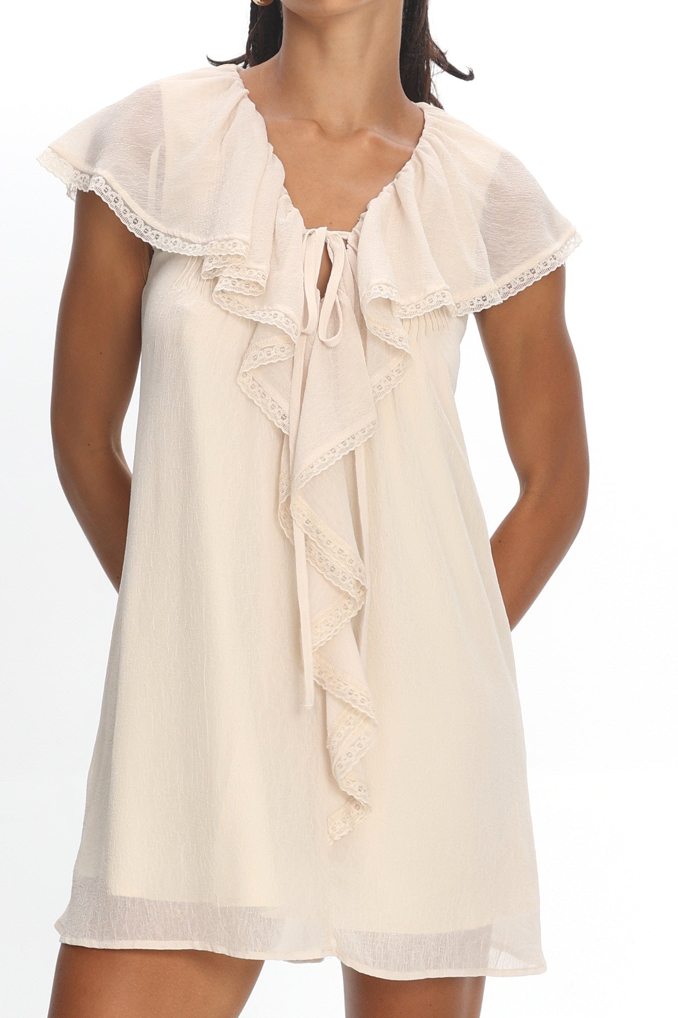 Zeeta Frill Neckline Mini Dress Off White by Selfie Leslie Australia
