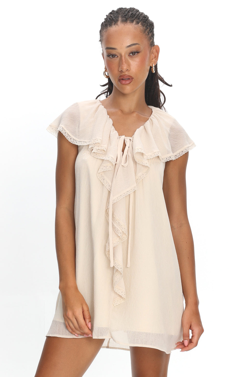 Zeeta Frill Neckline Mini Dress Off White by Selfie Leslie Australia