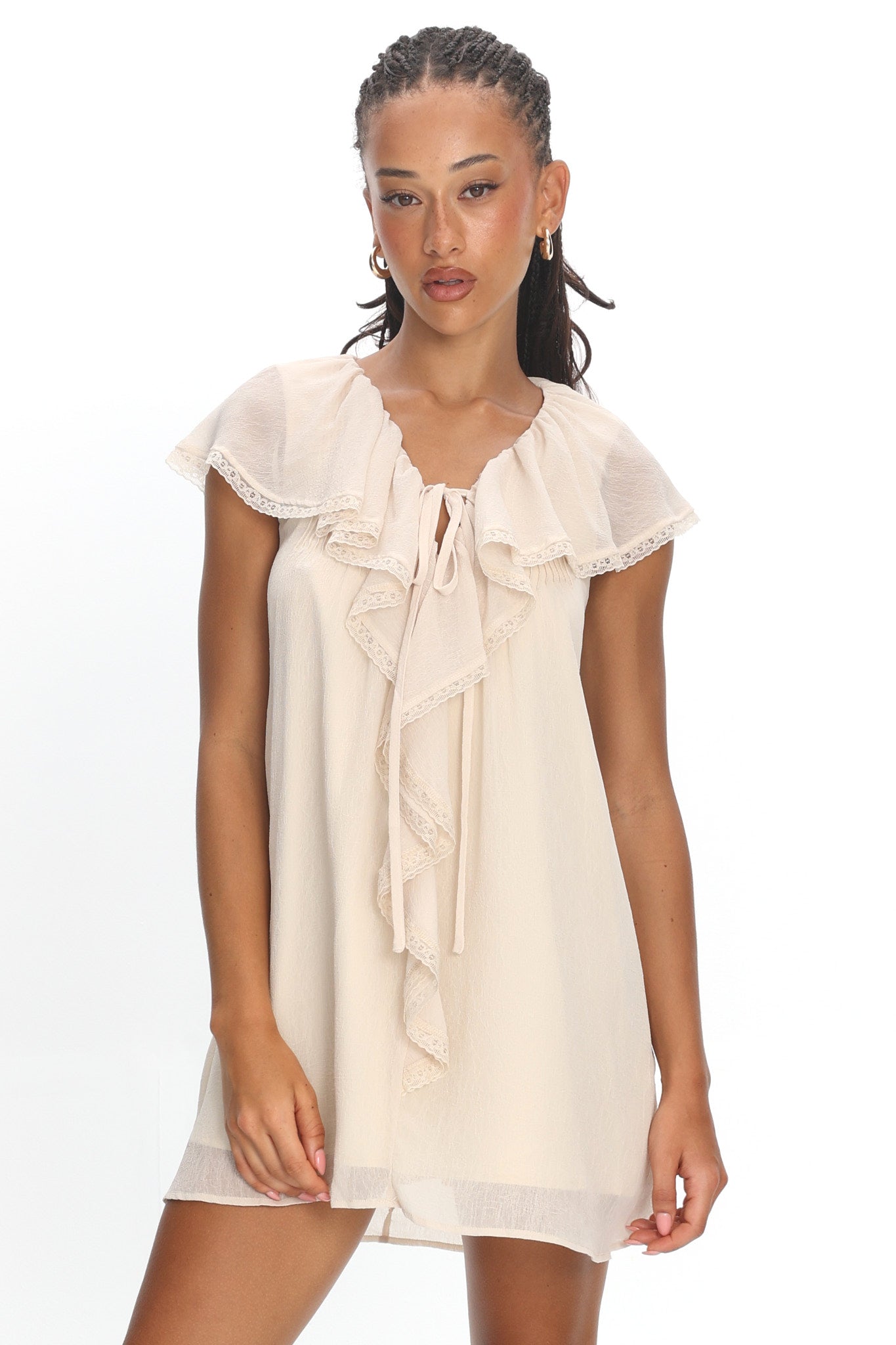 Zeeta Frill Neckline Mini Dress Off White by Selfie Leslie Australia
