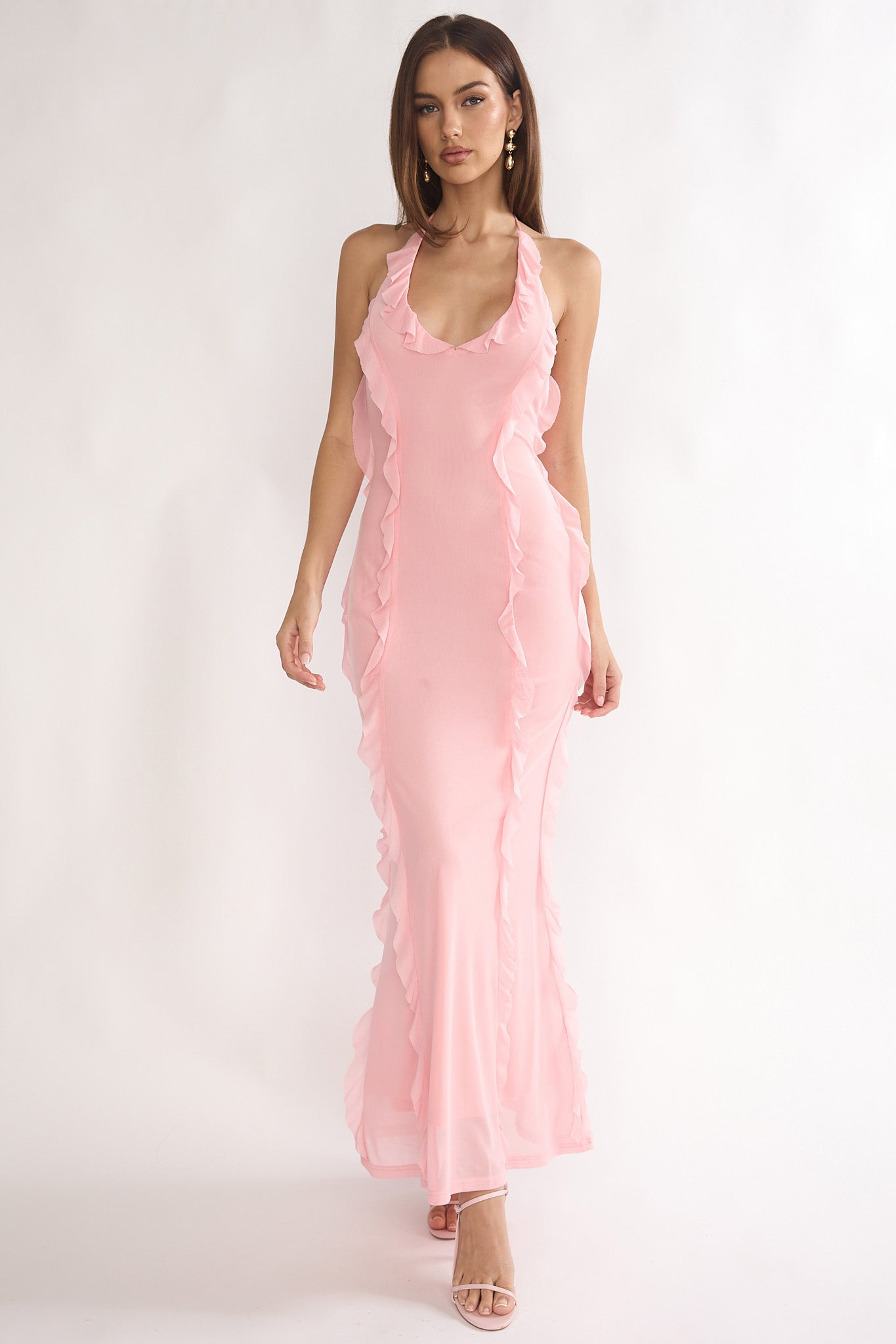 Collins Halter Ruffle Trim Maxi Dress Pink by Selfie Leslie Australia