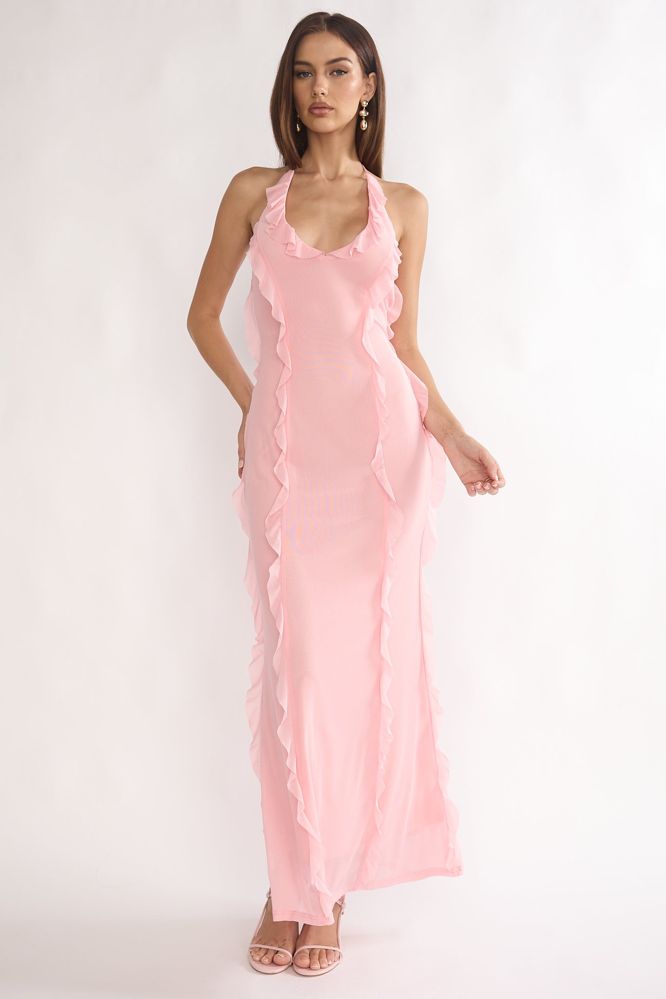 Collins Halter Ruffle Trim Maxi Dress Pink by Selfie Leslie Australia