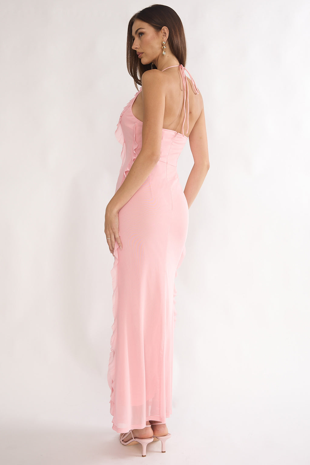 Collins Halter Ruffle Trim Maxi Dress Pink by Selfie Leslie Australia