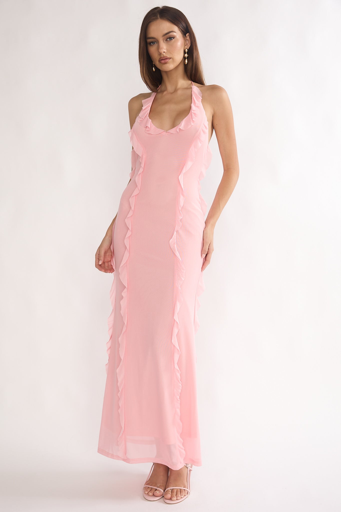 Collins Halter Ruffle Trim Maxi Dress Pink by Selfie Leslie Australia