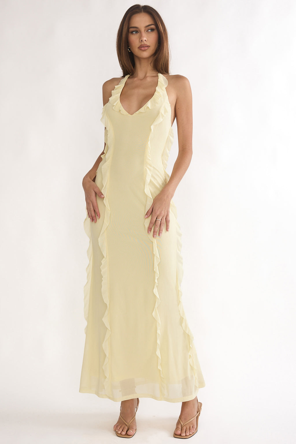 Collins Halter Ruffle Trim Maxi Dress Butter by Selfie Leslie Australia