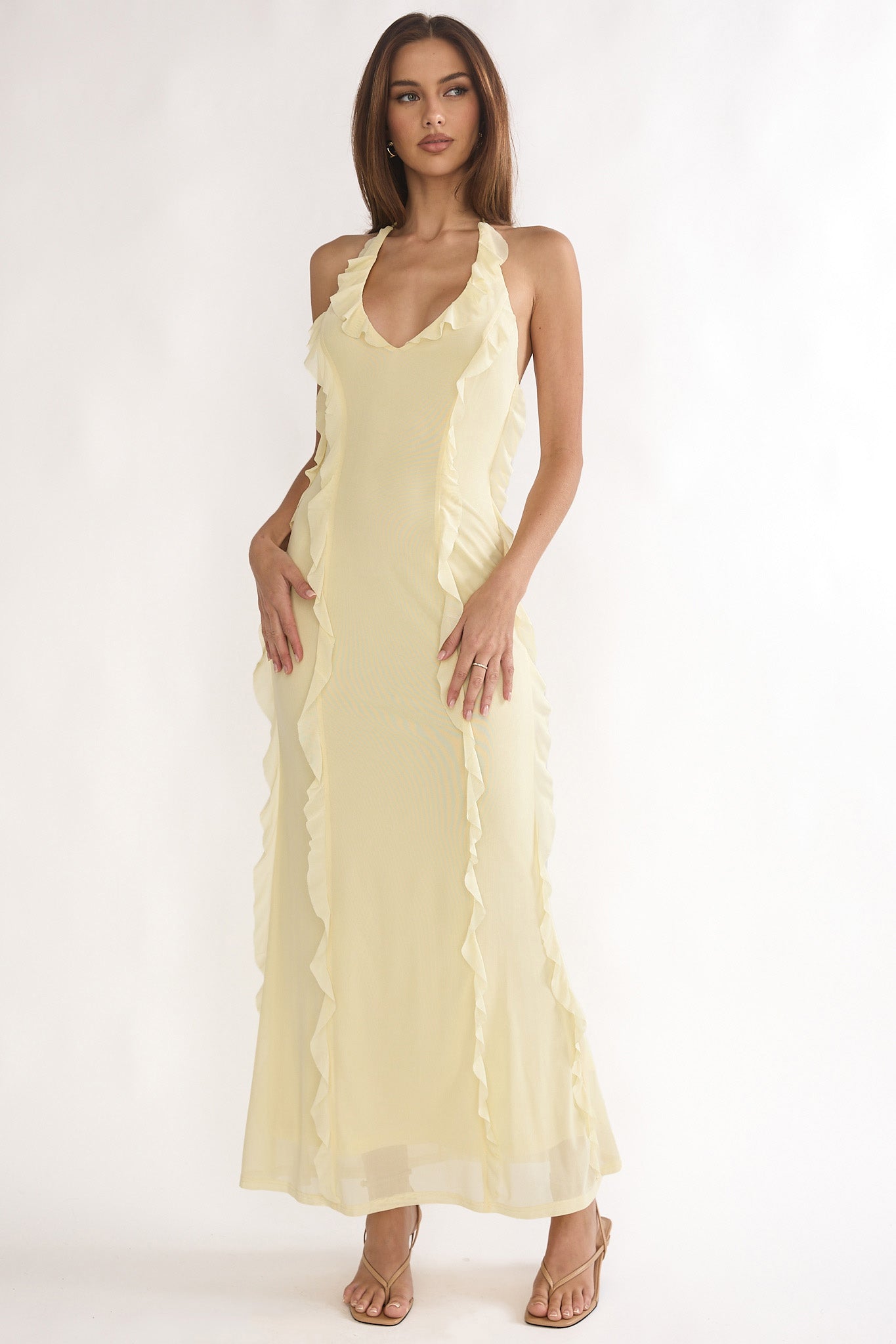Collins Halter Ruffle Trim Maxi Dress Butter by Selfie Leslie Australia
