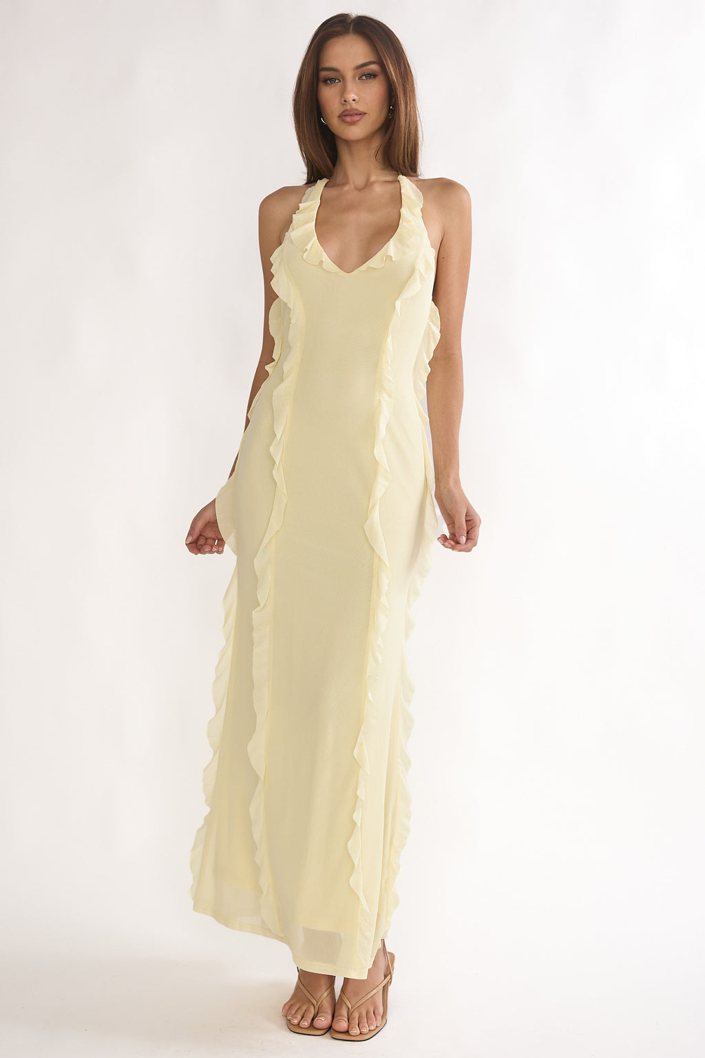 Collins Halter Ruffle Trim Maxi Dress Butter by Selfie Leslie Australia
