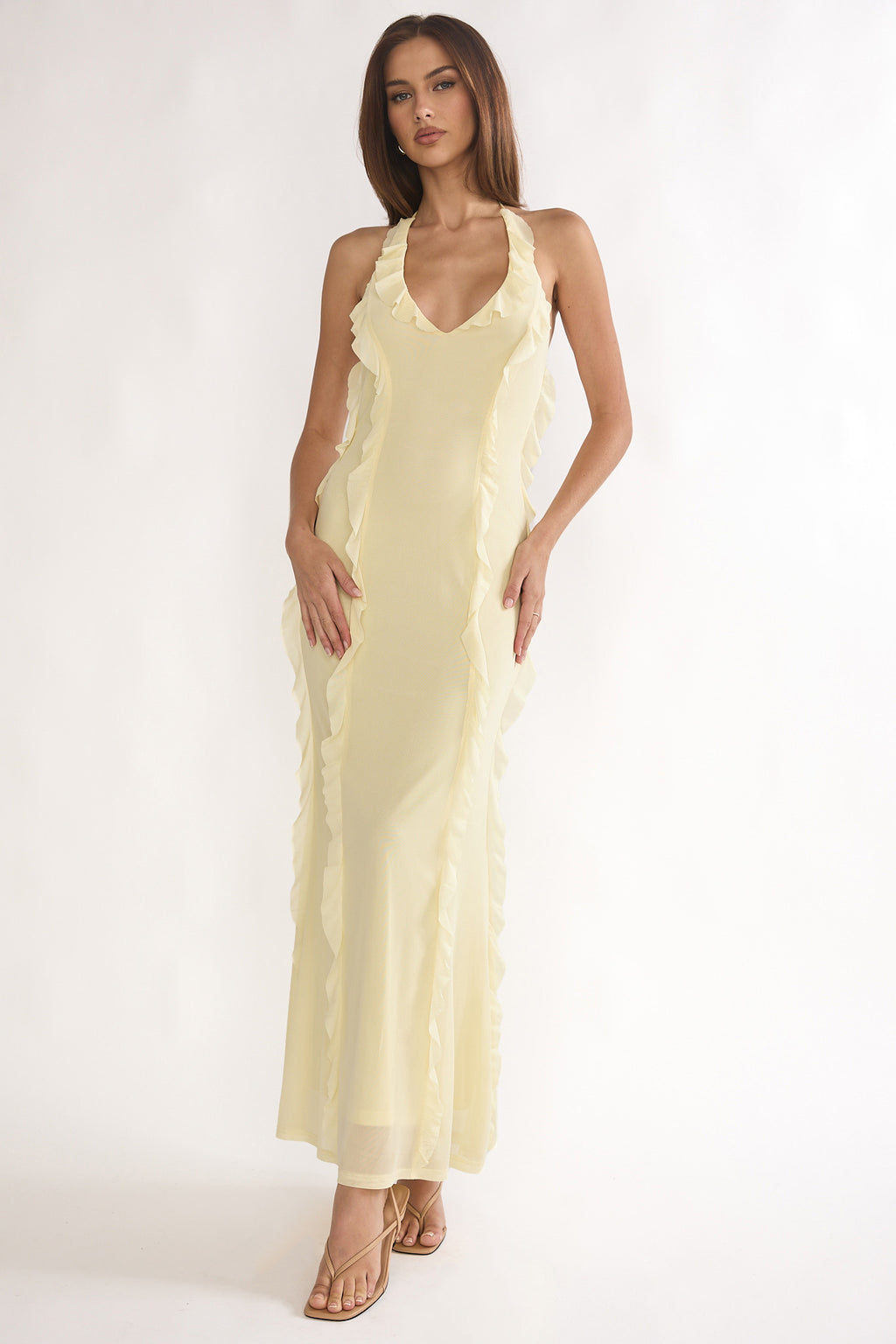 Collins Halter Ruffle Trim Maxi Dress Butter by Selfie Leslie Australia