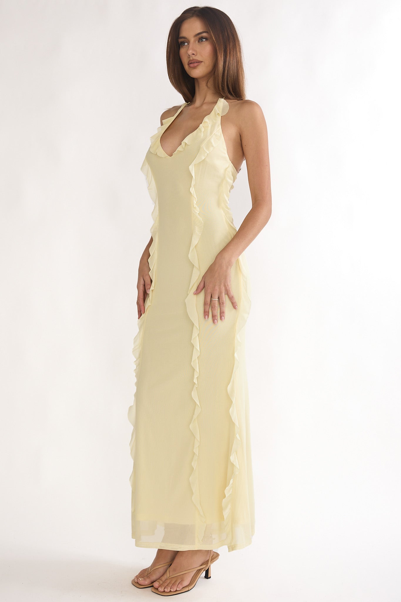 Collins Halter Ruffle Trim Maxi Dress Butter by Selfie Leslie Australia