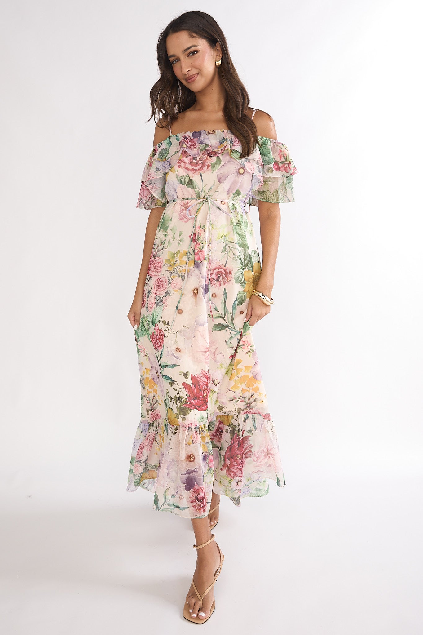 Ivelle Off-Shoulder Ruffle Maxi Dress Floral by Selfie Leslie Australia