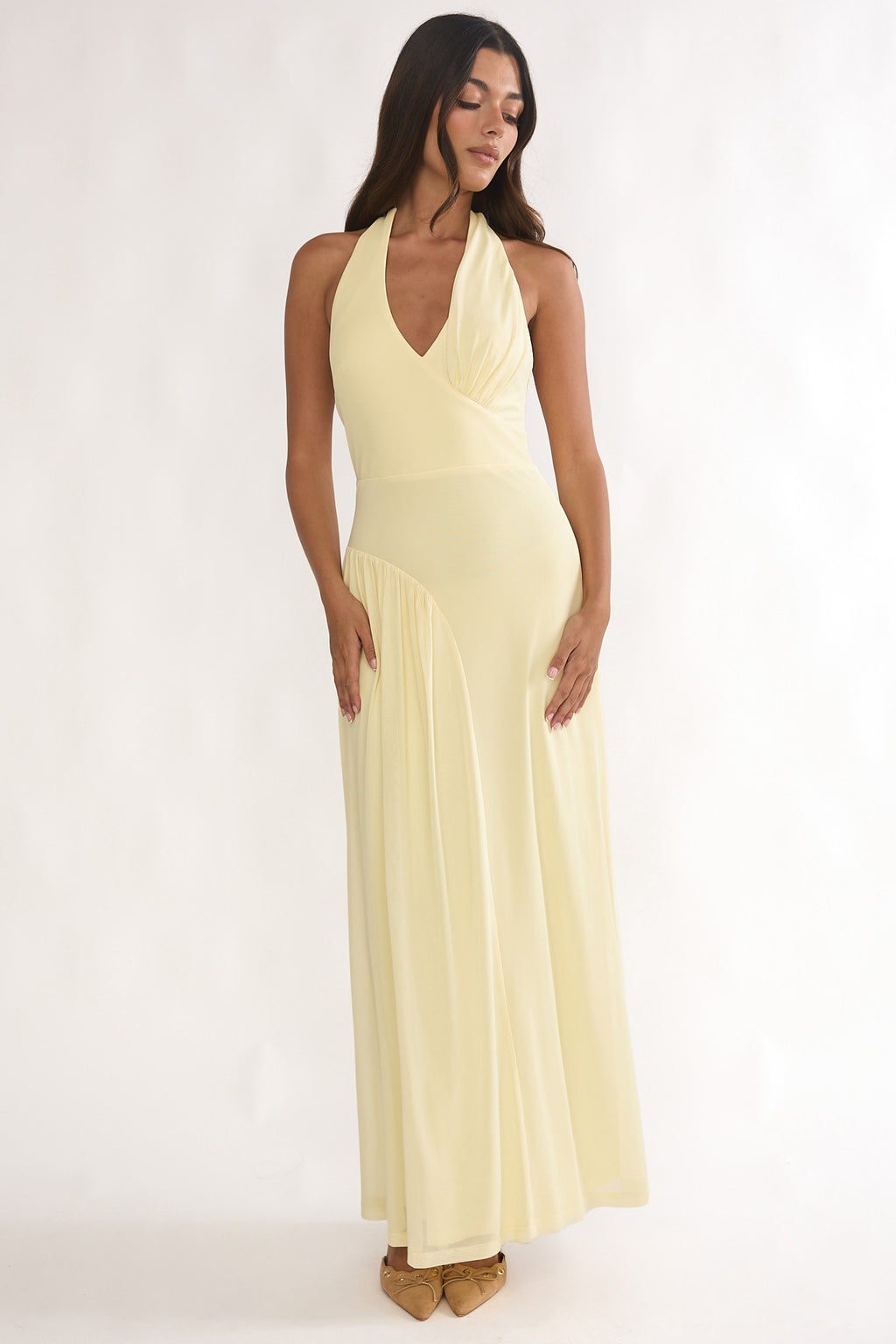 Ziera Ruched Insert Halter Maxi Dress Butter by Selfie Leslie Australia
