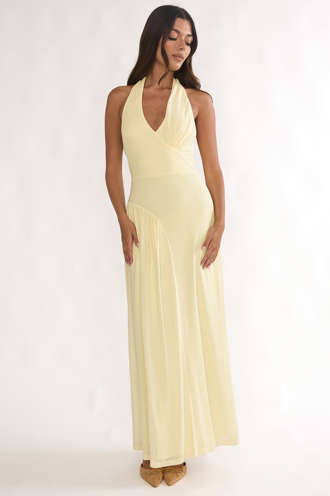 Ziera Ruched Insert Halter Maxi Dress Butter by Selfie Leslie Australia