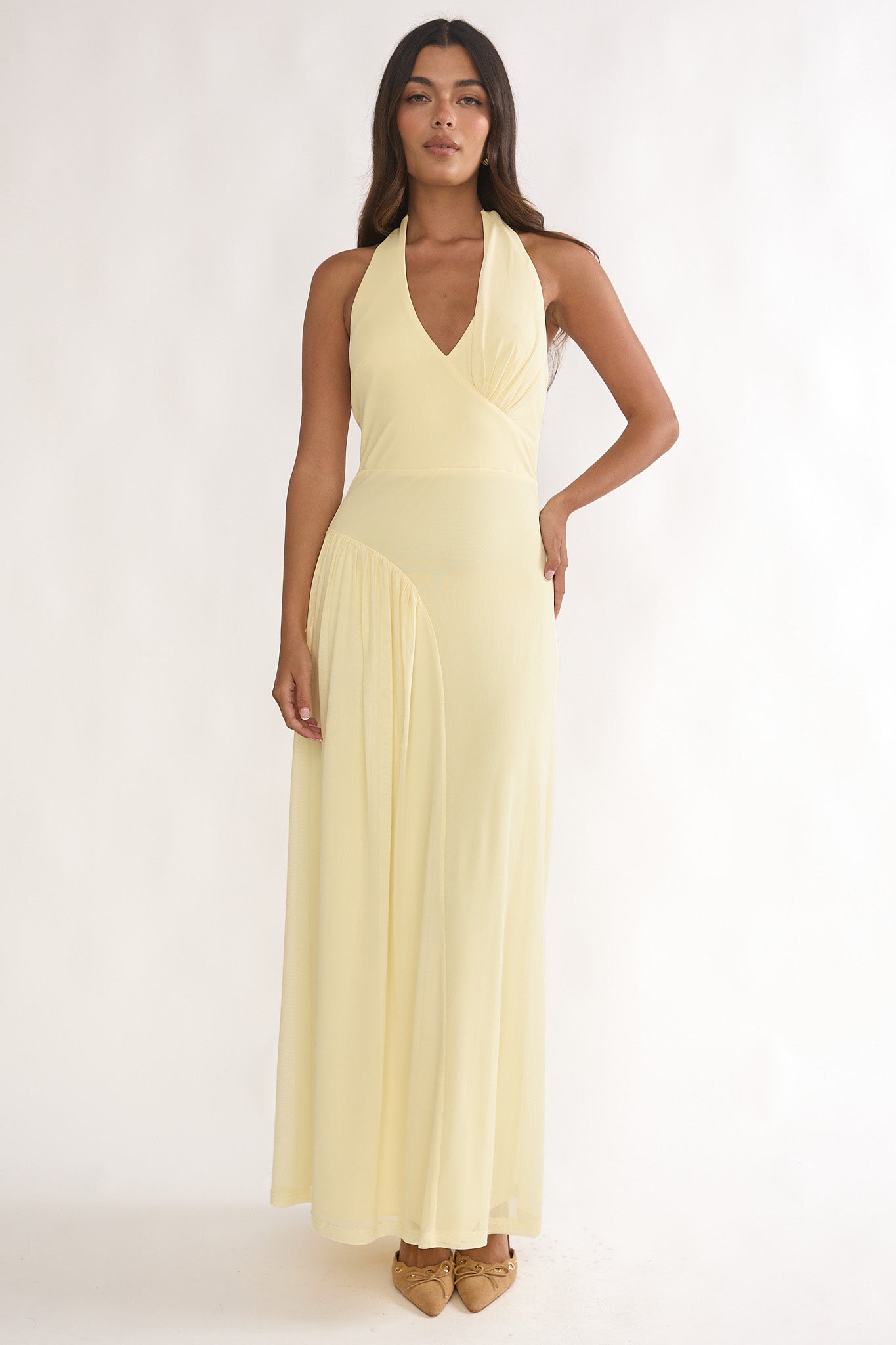 Ziera Ruched Insert Halter Maxi Dress Butter by Selfie Leslie Australia