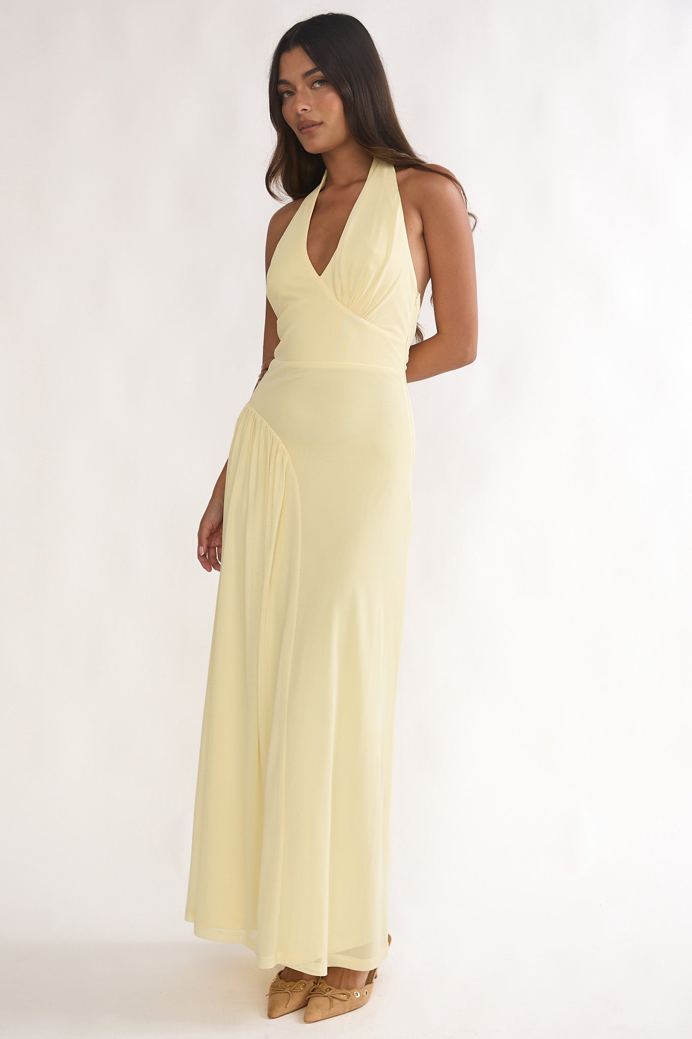 Ziera Ruched Insert Halter Maxi Dress Butter by Selfie Leslie Australia