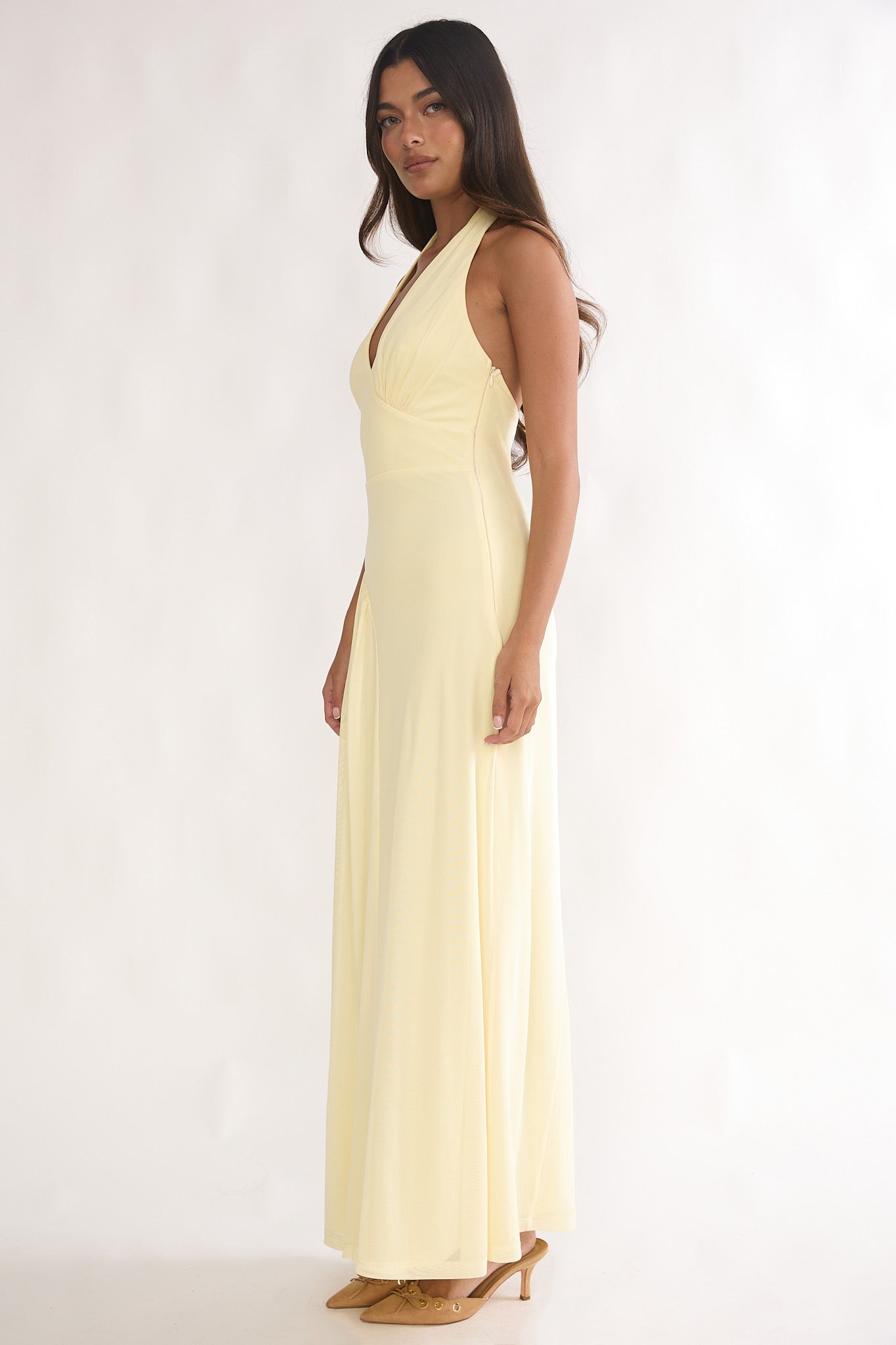 Ziera Ruched Insert Halter Maxi Dress Butter by Selfie Leslie Australia