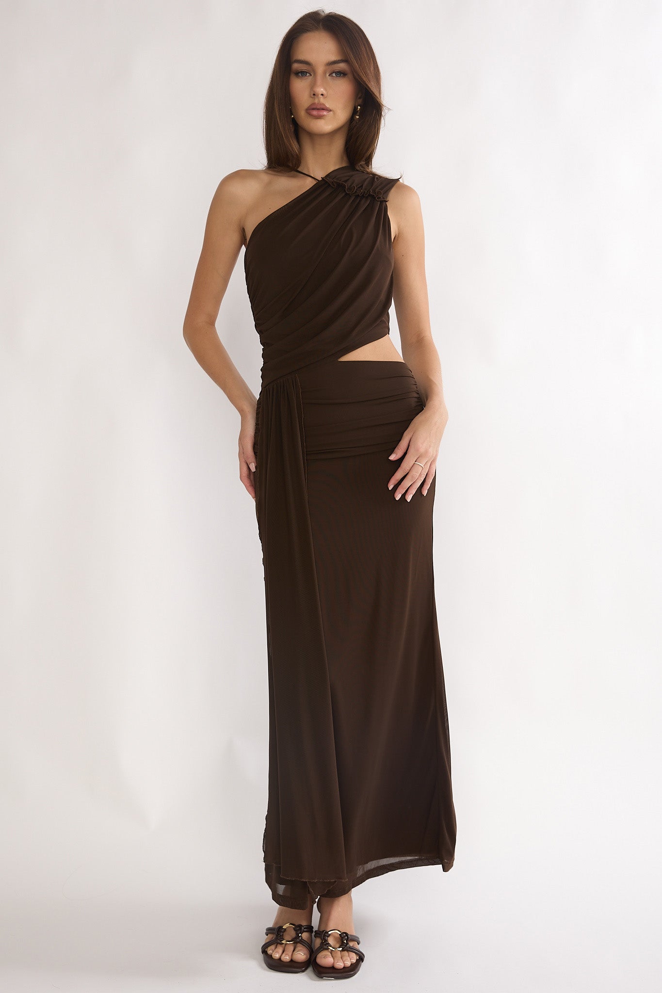 Out Loud Cut-Out Drape Maxi Dress Chocolate by Selfie Leslie Australia