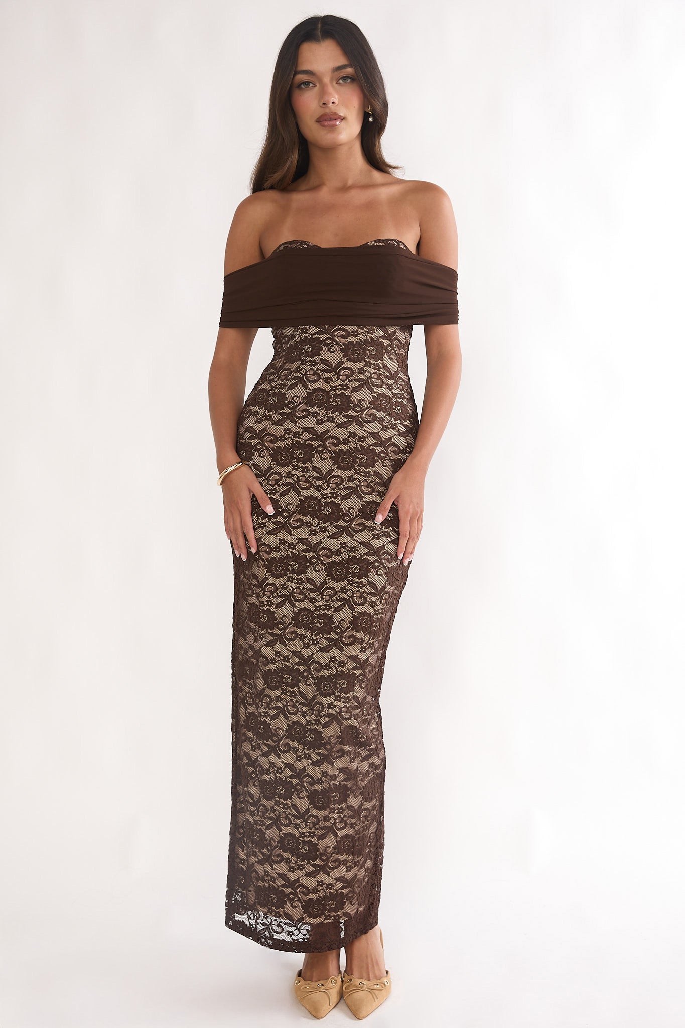 Jewelene Off-Shoulder Maxi Dress Lace Chocolate by Selfie Leslie Australia