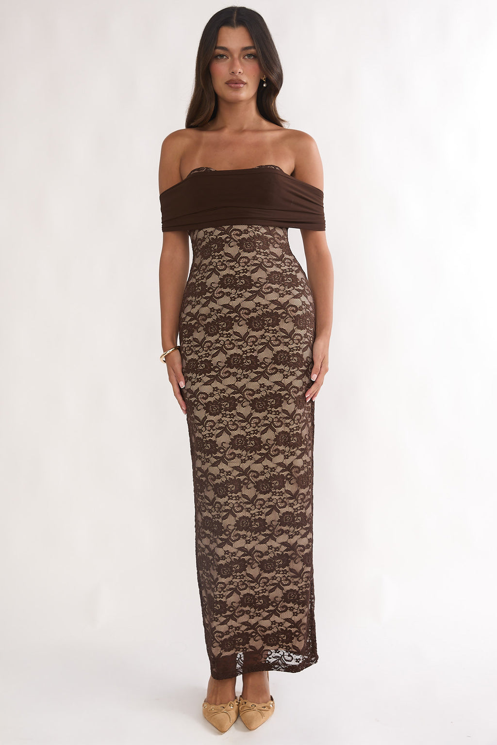 Jewelene Off-Shoulder Maxi Dress Lace Chocolate by Selfie Leslie Australia