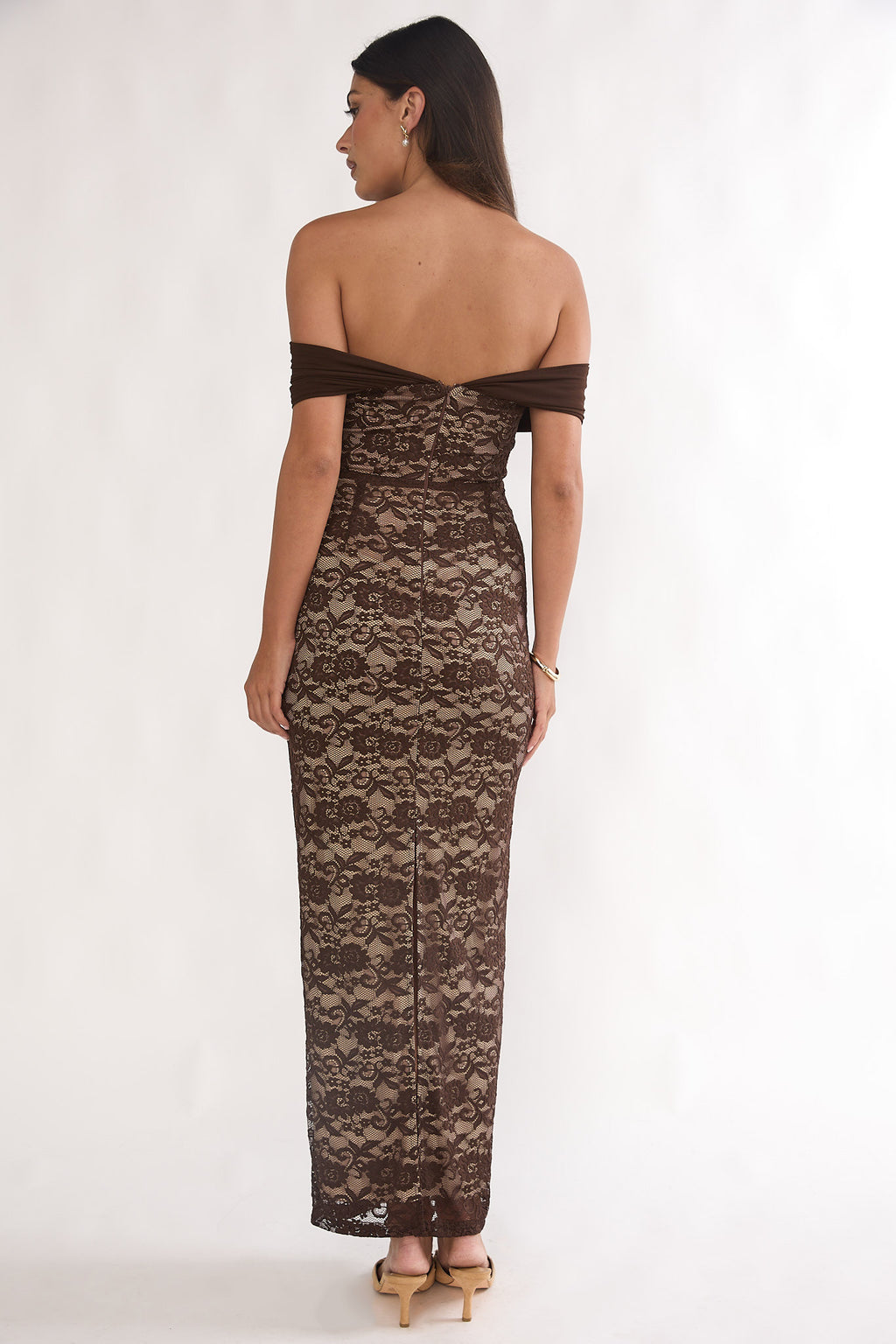 Jewelene Off-Shoulder Maxi Dress Lace Chocolate by Selfie Leslie Australia