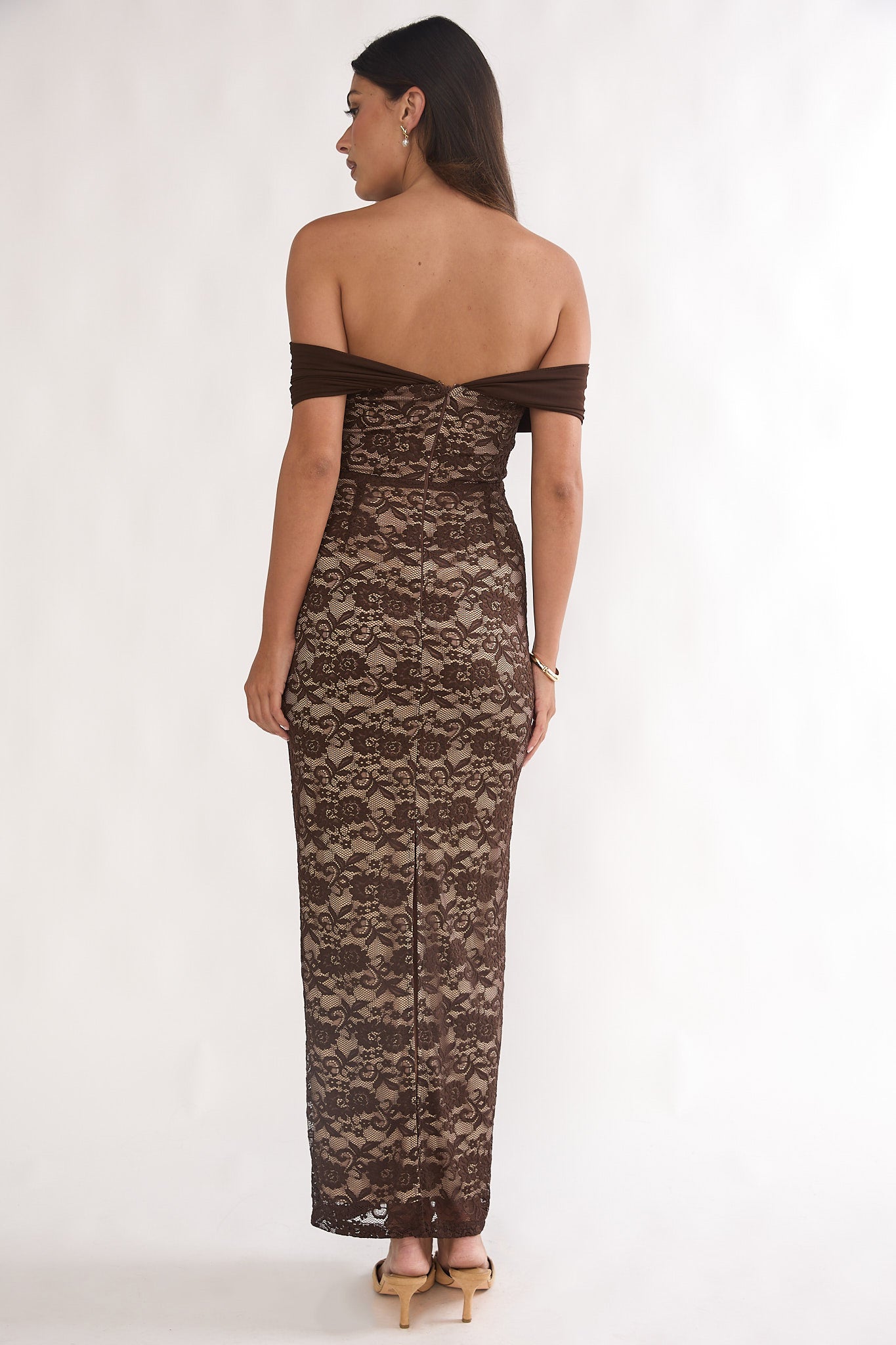 Jewelene Off-Shoulder Maxi Dress Lace Chocolate by Selfie Leslie Australia