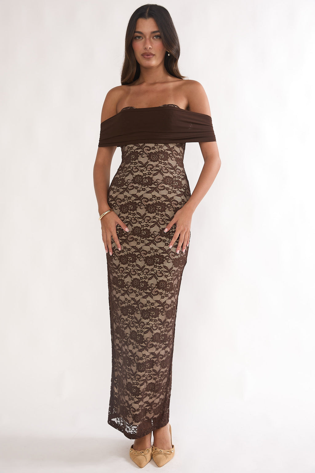Jewelene Off-Shoulder Maxi Dress Lace Chocolate by Selfie Leslie Australia