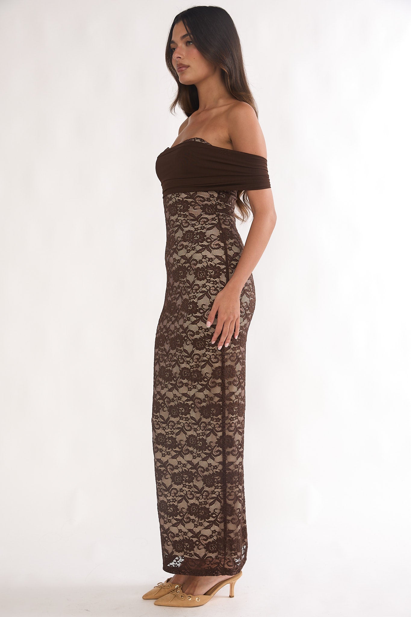 Jewelene Off-Shoulder Maxi Dress Lace Chocolate by Selfie Leslie Australia