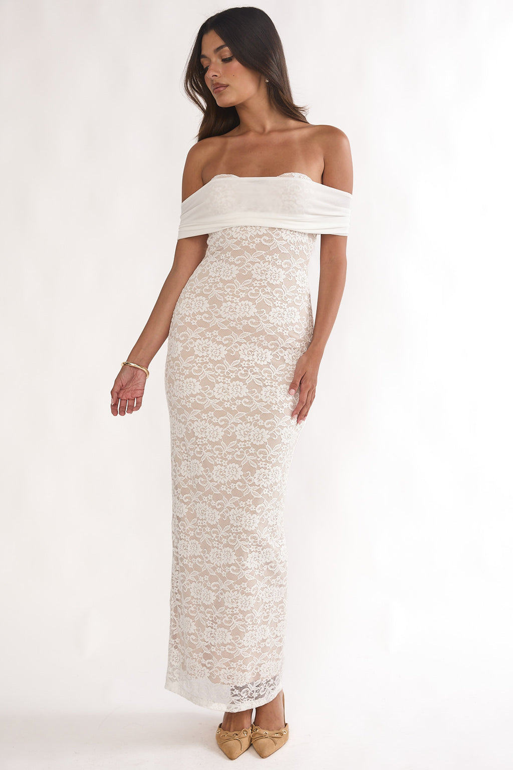 Jewelene Off-Shoulder Maxi Dress Lace White by Selfie Leslie Australia