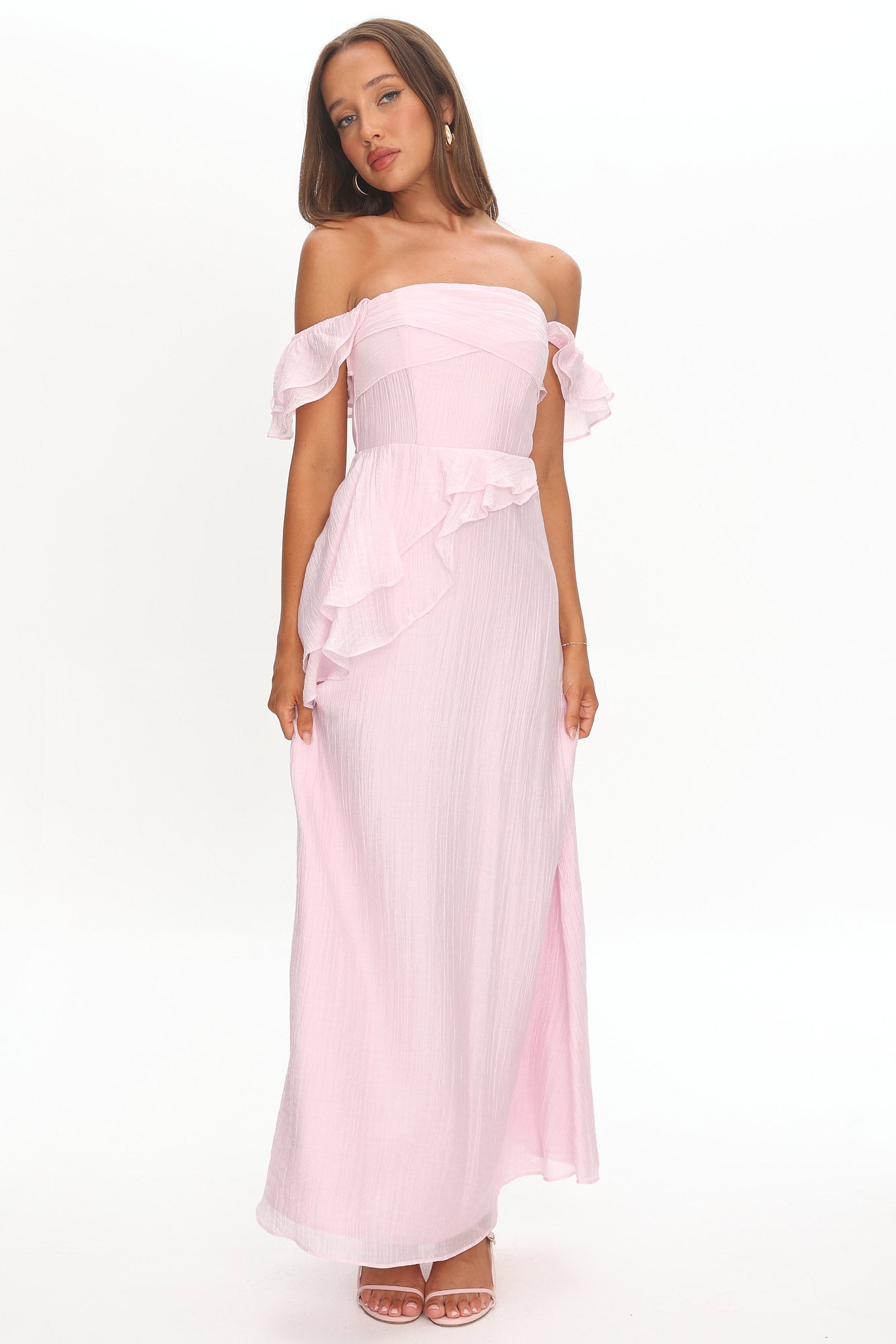 Natale Off-Shoulder Ruffle Maxi Dress Pink by Selfie Leslie Australia