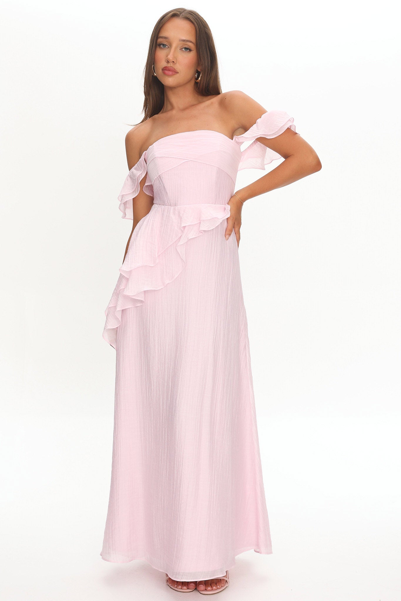 Natale Off-Shoulder Ruffle Maxi Dress Pink by Selfie Leslie Australia