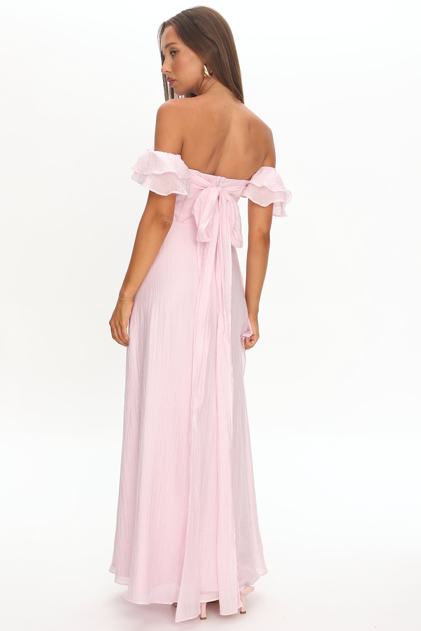 Natale Off-Shoulder Ruffle Maxi Dress Pink by Selfie Leslie Australia