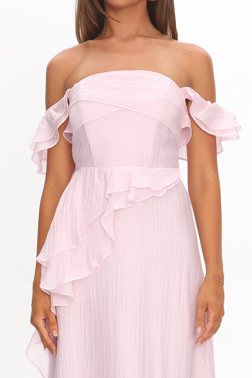 Natale Off-Shoulder Ruffle Maxi Dress Pink by Selfie Leslie Australia