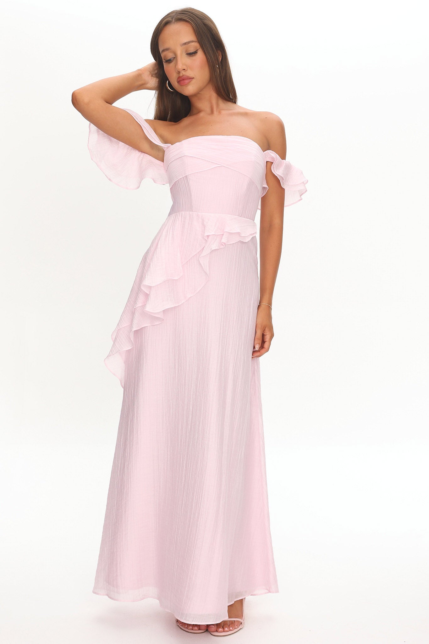 Natale Off-Shoulder Ruffle Maxi Dress Pink by Selfie Leslie Australia