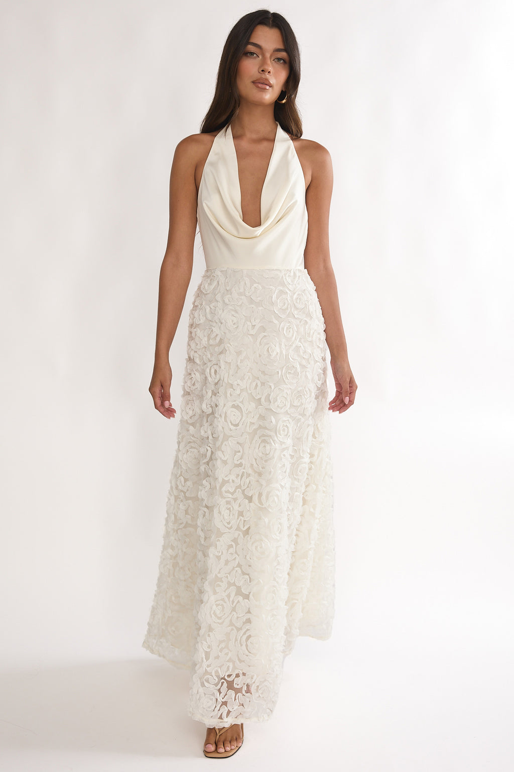 Lucerne Cowl Halter Maxi Dress Embellished Ivory by Selfie Leslie Australia