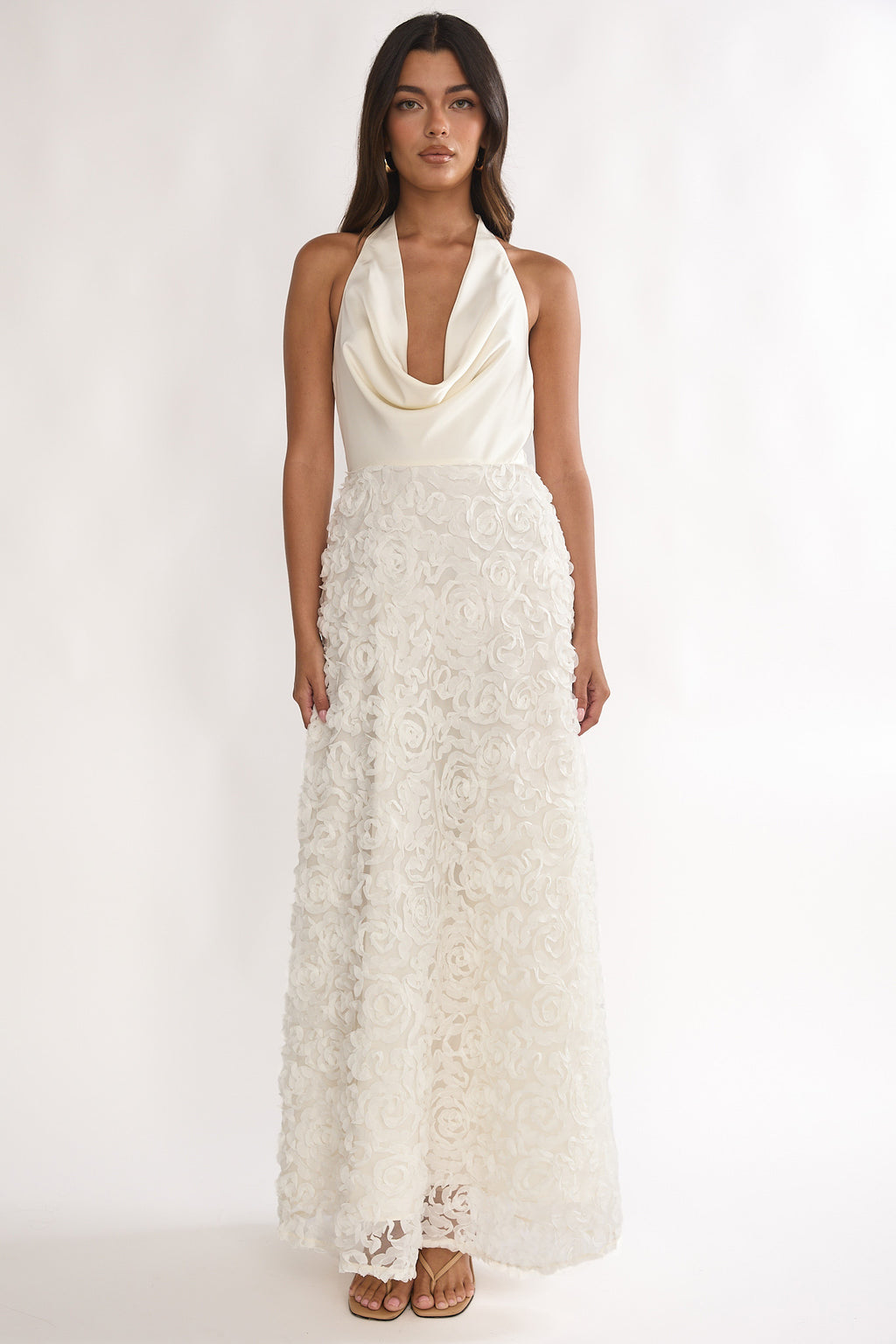 Lucerne Cowl Halter Maxi Dress Embellished Ivory by Selfie Leslie Australia