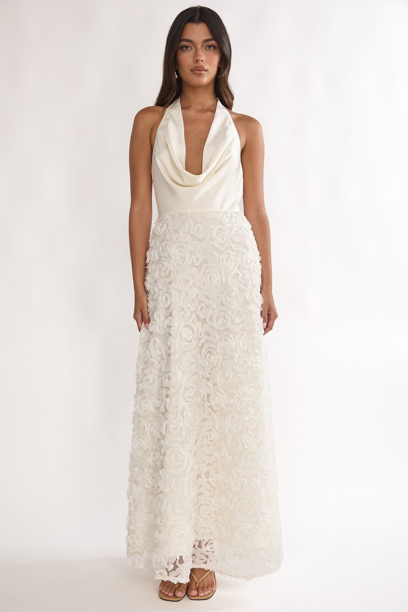 Lucerne Cowl Halter Maxi Dress Embellished Ivory by Selfie Leslie Australia