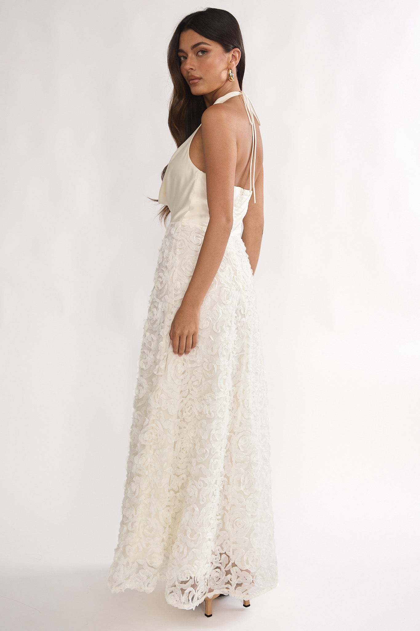Lucerne Cowl Halter Maxi Dress Embellished Ivory by Selfie Leslie Australia