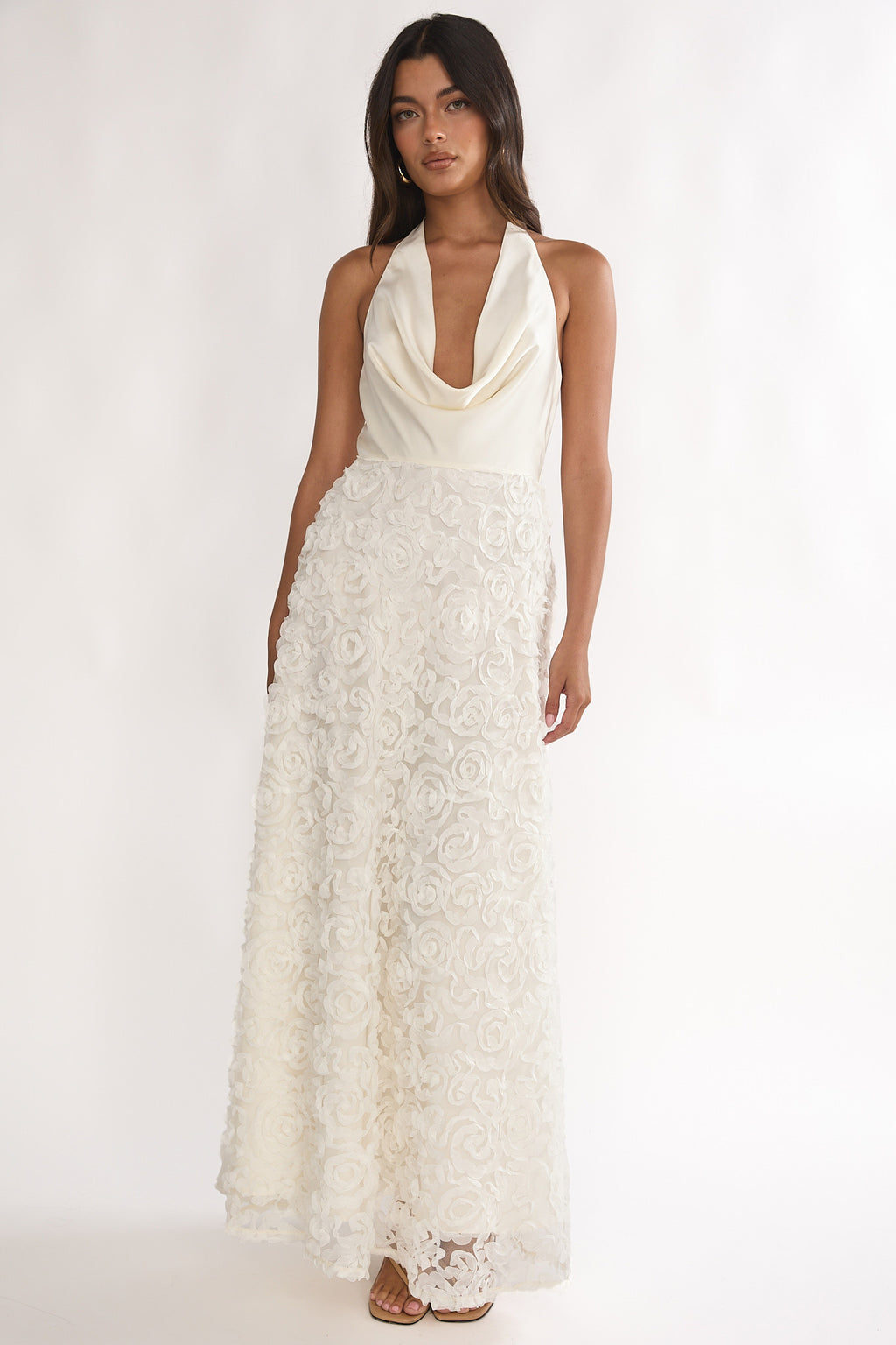 Lucerne Cowl Halter Maxi Dress Embellished Ivory by Selfie Leslie Australia