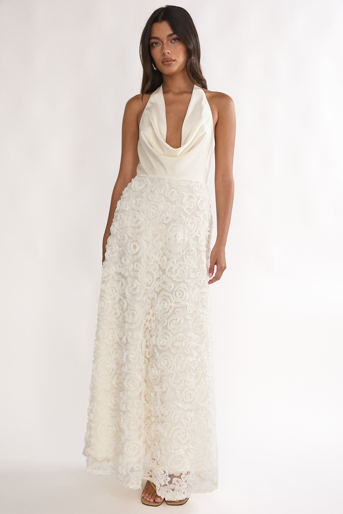 Lucerne Cowl Halter Maxi Dress Embellished Ivory by Selfie Leslie Australia