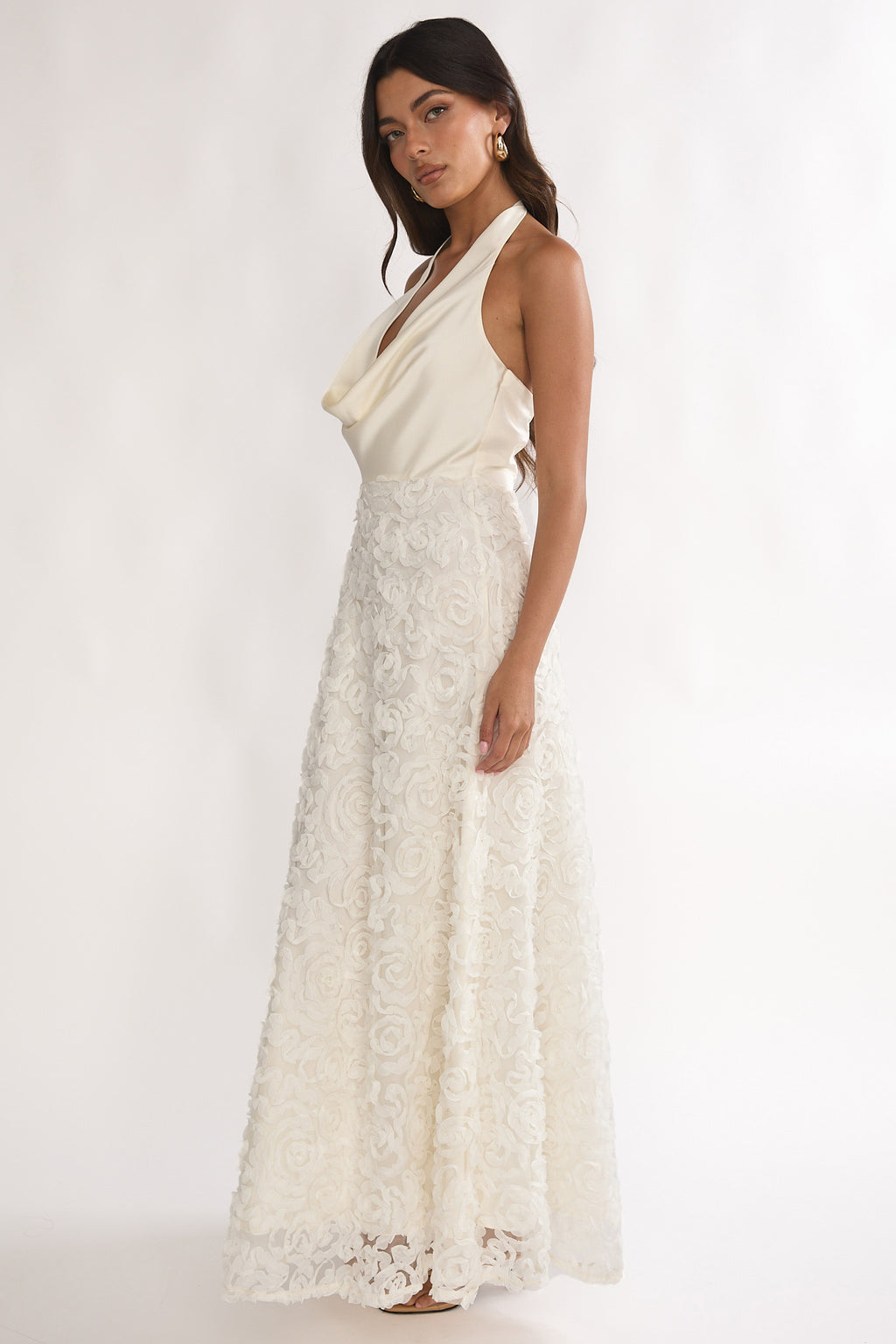 Lucerne Cowl Halter Maxi Dress Embellished Ivory by Selfie Leslie Australia