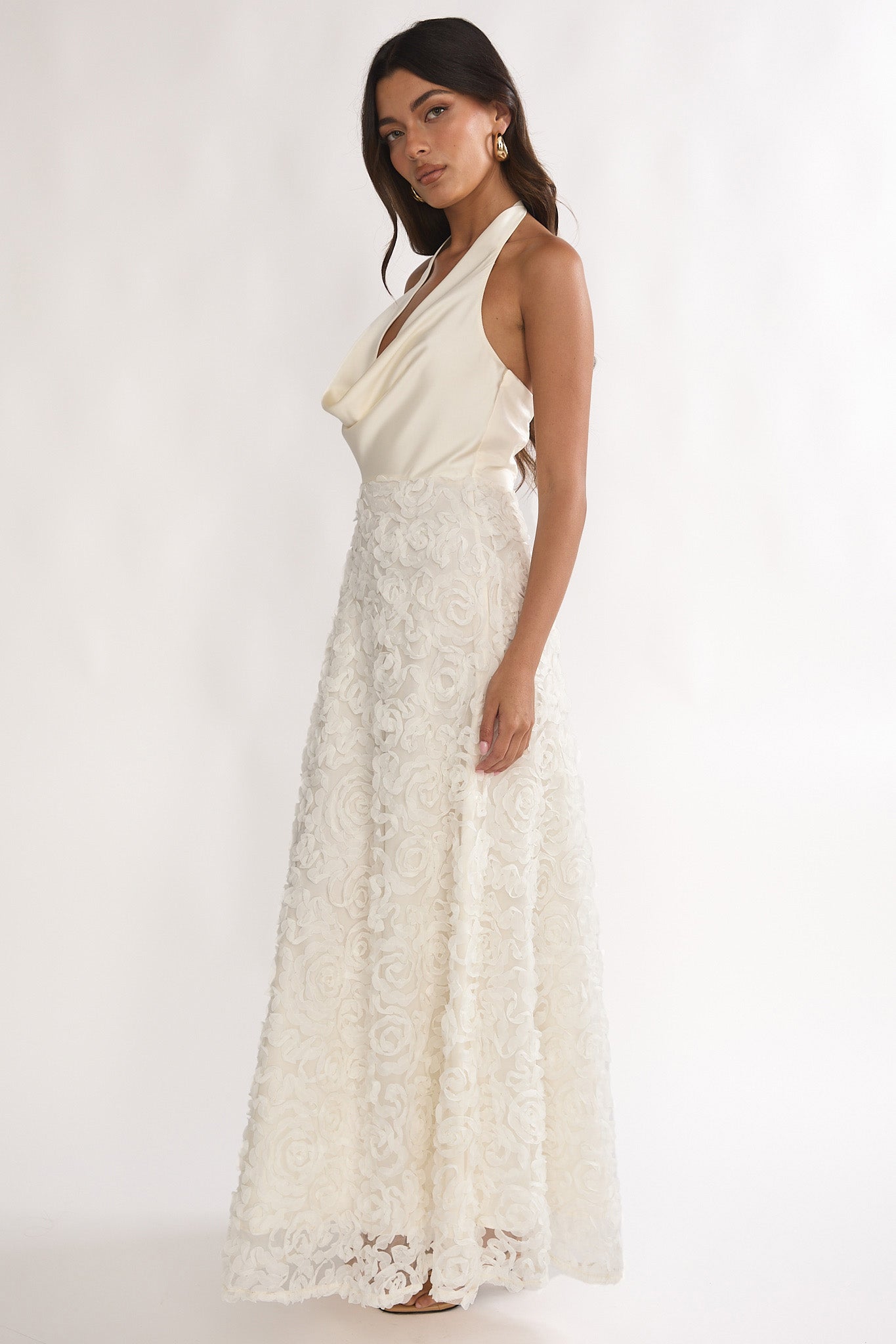 Lucerne Cowl Halter Maxi Dress Embellished Ivory by Selfie Leslie Australia
