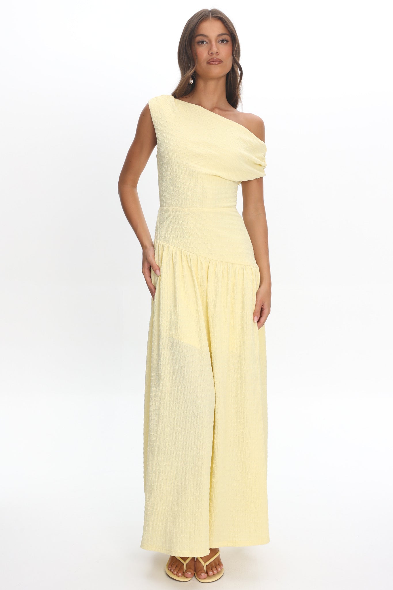 Kloe Asymmetric Shoulder Textured Maxi Dress Butter by Selfie Leslie Australia