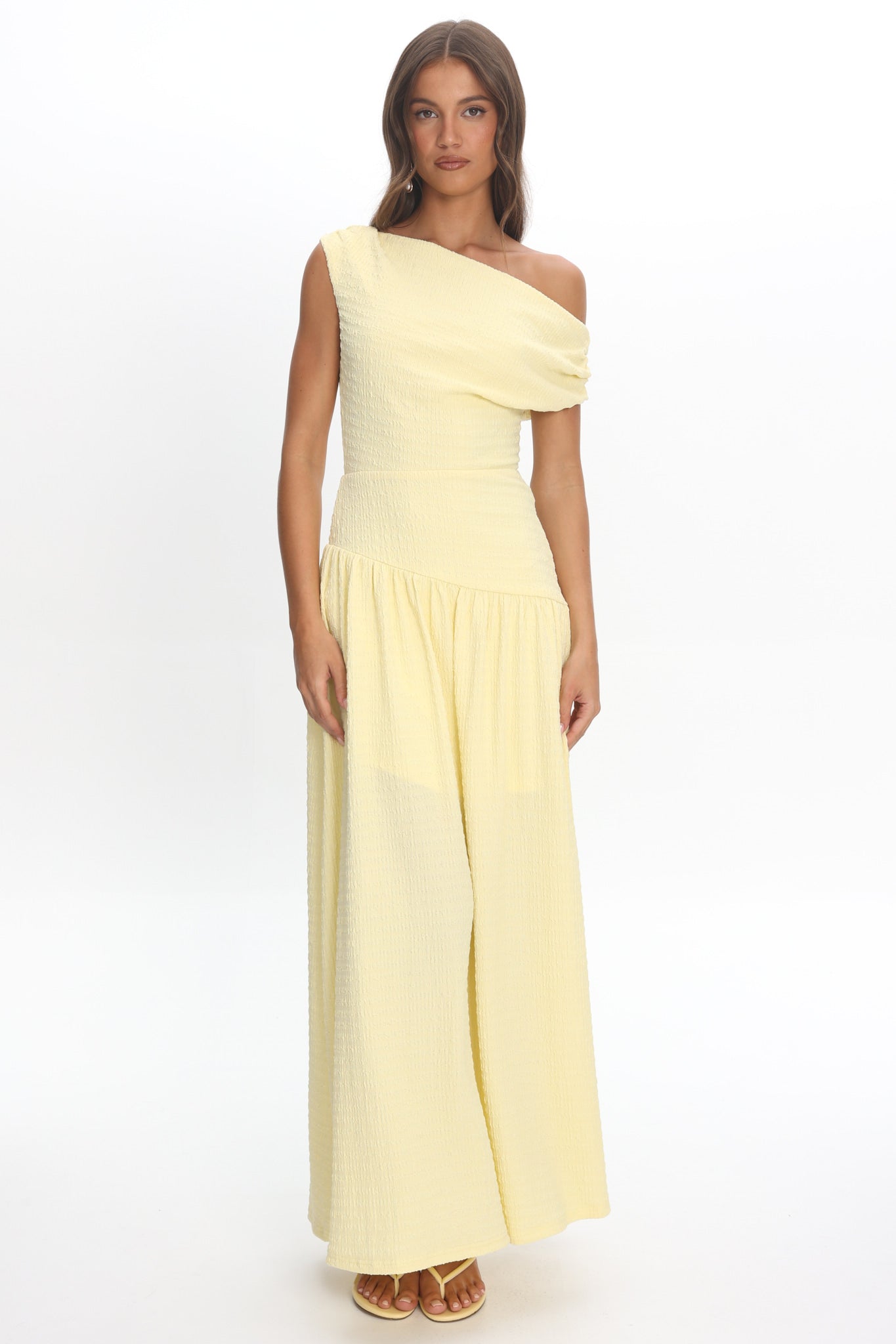 Kloe Asymmetric Shoulder Textured Maxi Dress Butter by Selfie Leslie Australia