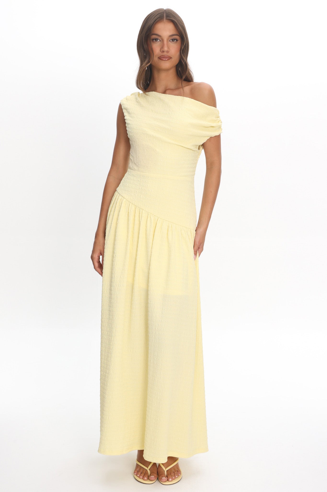 Kloe Asymmetric Shoulder Textured Maxi Dress Butter by Selfie Leslie Australia