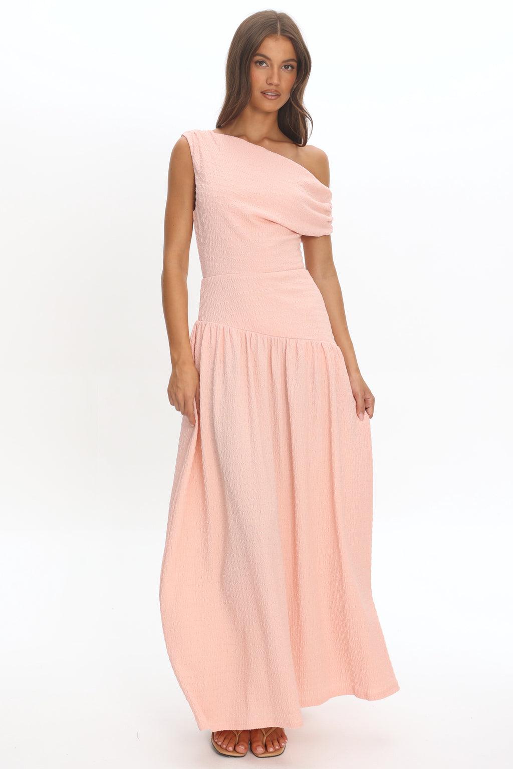 Kloe Asymmetric Shoulder Textured Maxi Dress Peach by Selfie Leslie Australia