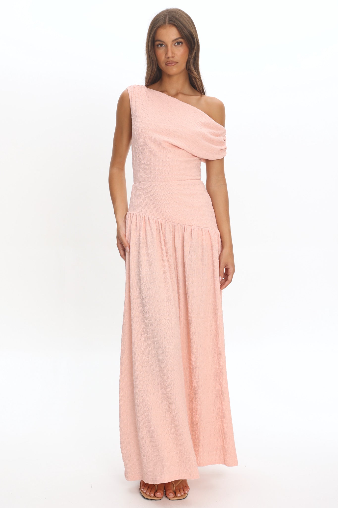 Kloe Asymmetric Shoulder Textured Maxi Dress Peach by Selfie Leslie Australia