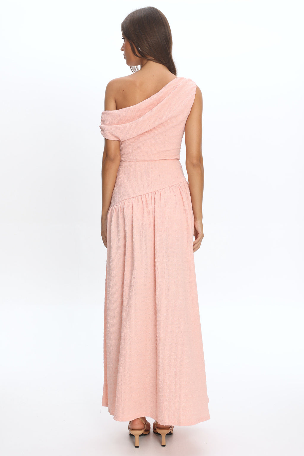 Kloe Asymmetric Shoulder Textured Maxi Dress Peach by Selfie Leslie Australia