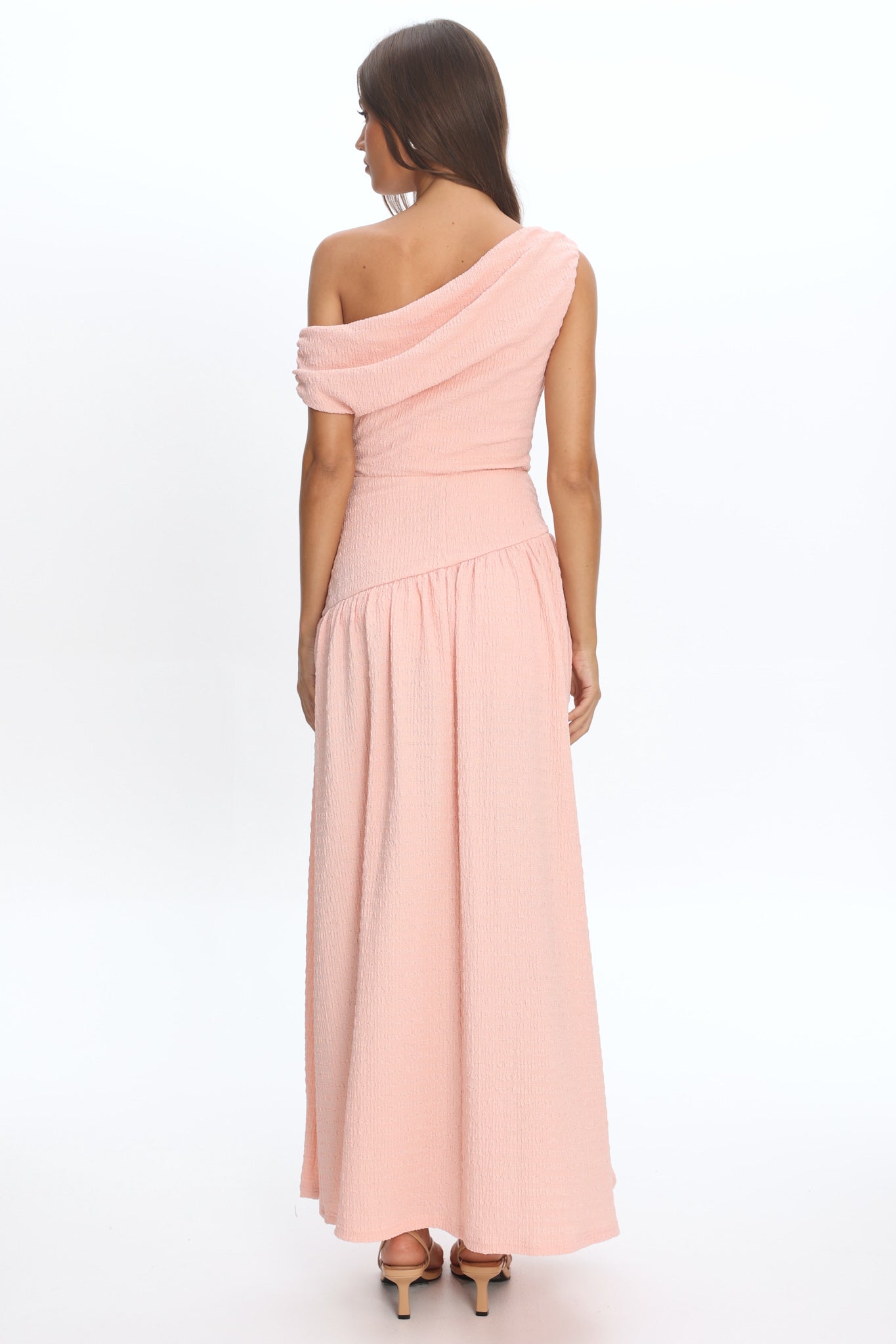 Kloe Asymmetric Shoulder Textured Maxi Dress Peach by Selfie Leslie Australia