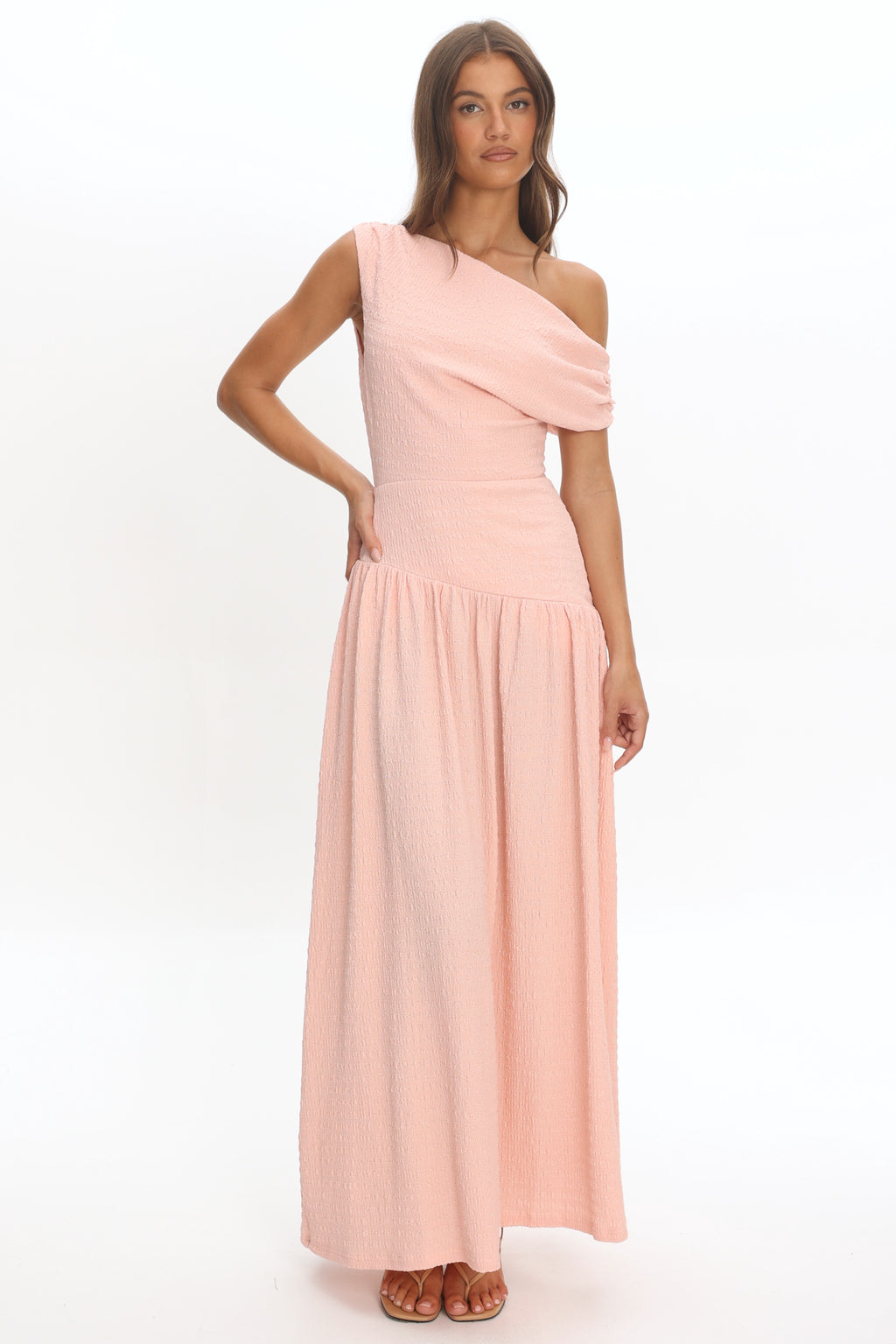 Kloe Asymmetric Shoulder Textured Maxi Dress Peach by Selfie Leslie Australia
