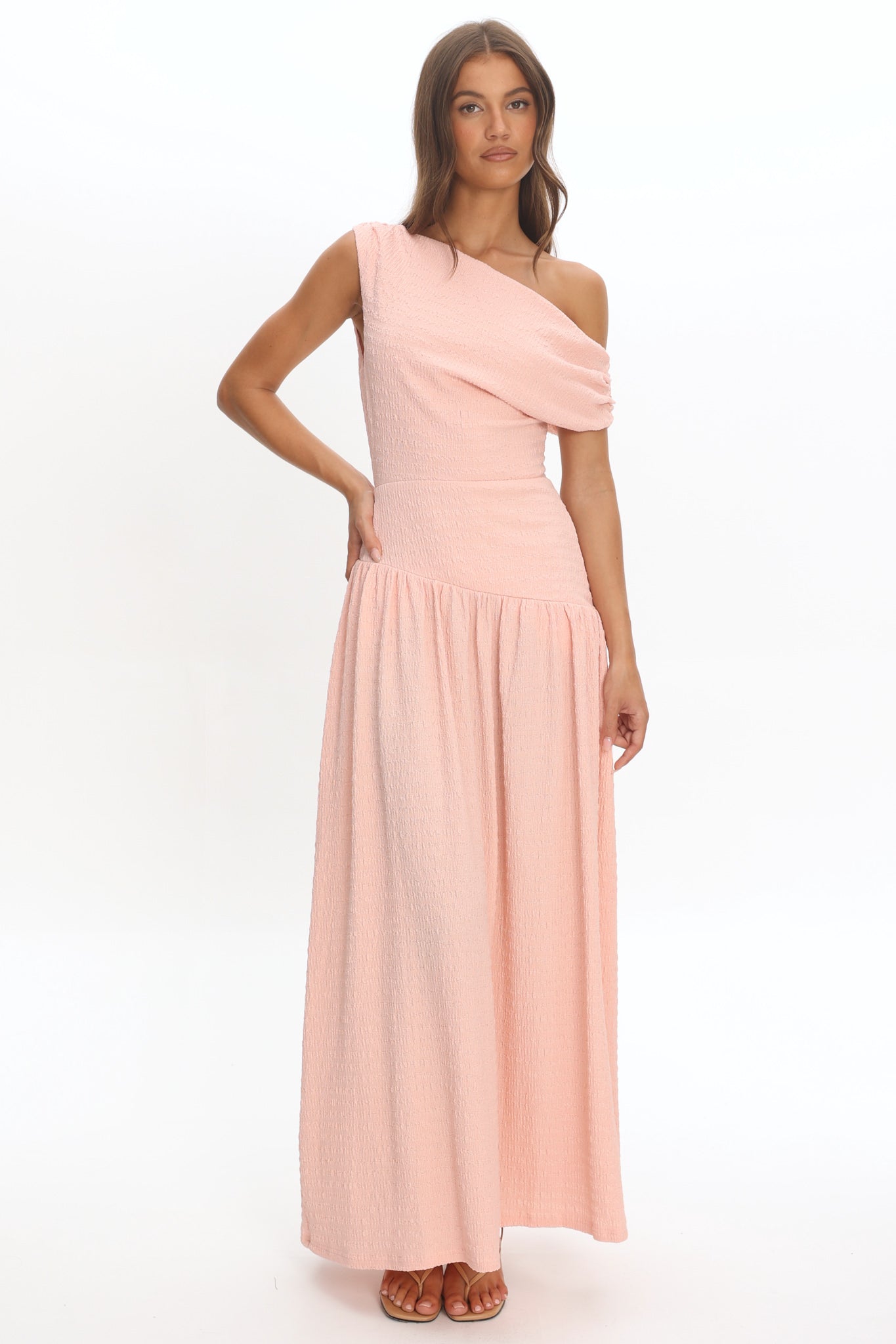 Kloe Asymmetric Shoulder Textured Maxi Dress Peach by Selfie Leslie Australia