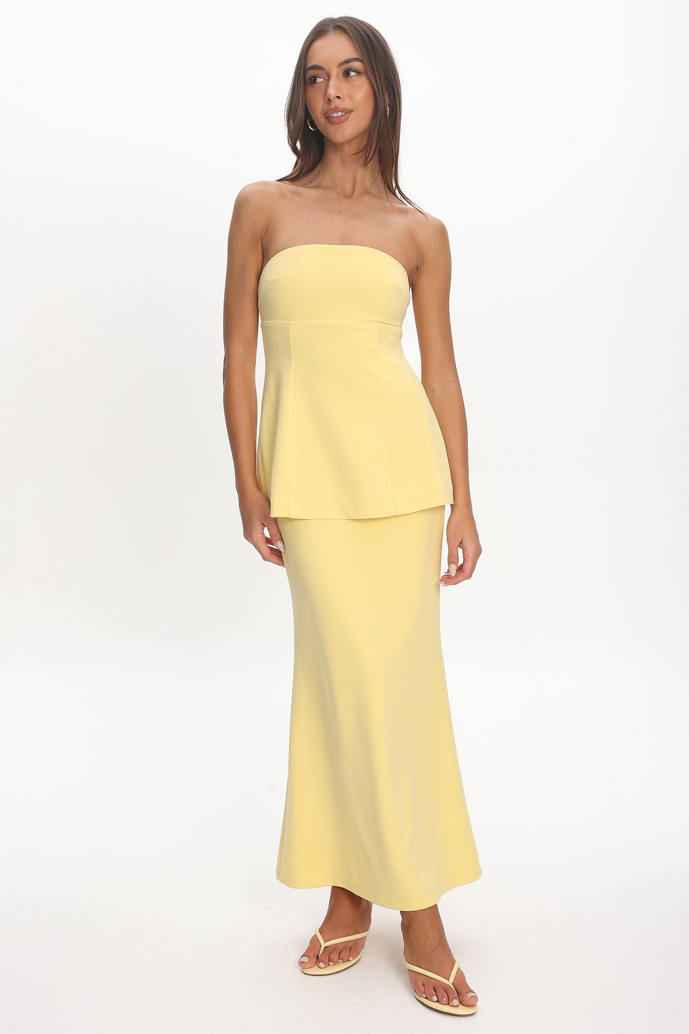 Vicci Strapless Flared Waist Maxi Dress Butter by Selfie Leslie Australia