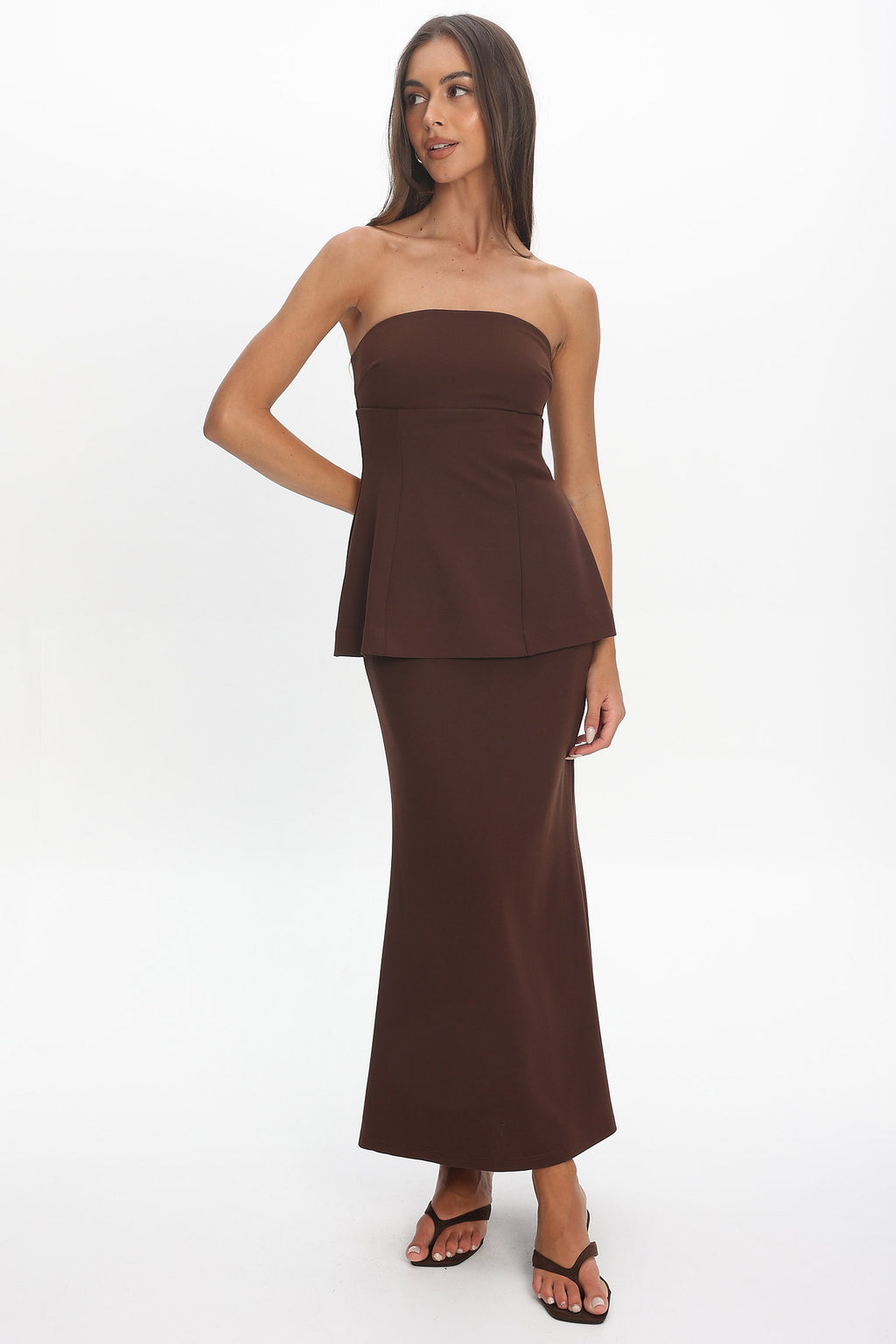 Vicci Strapless Flared Waist Maxi Dress Chocolate by Selfie Leslie Australia